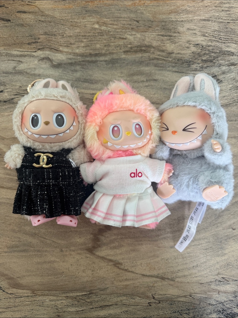 Set of 3 Popmart Labubu’s with outfits  in Beige, Pink & Gray